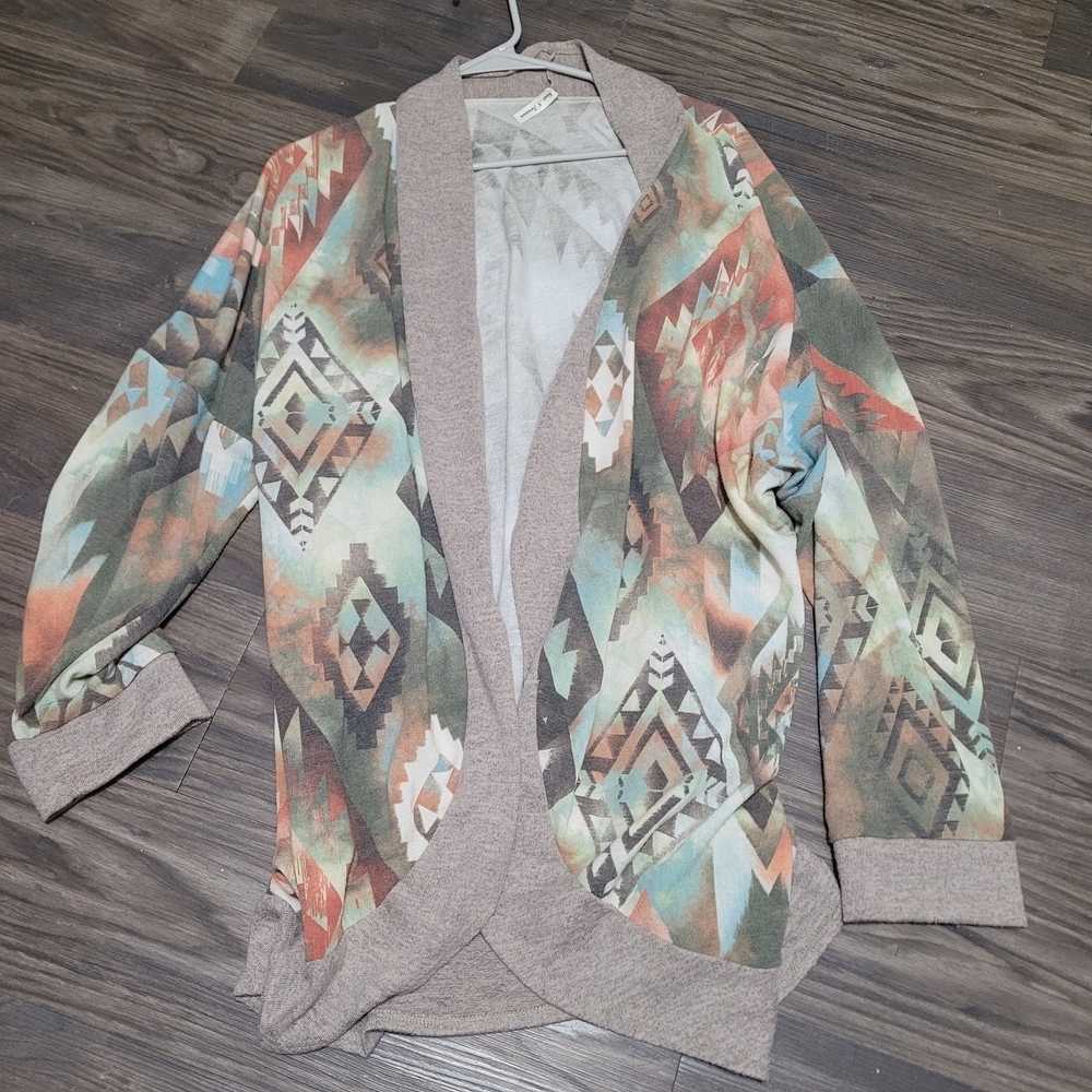 Geometric Patterned Open Front Cardigan Size 1X Southwestern Aztec